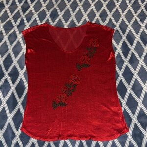 Red Rose-Embroidered Women's Cap Sleeve Tank Top